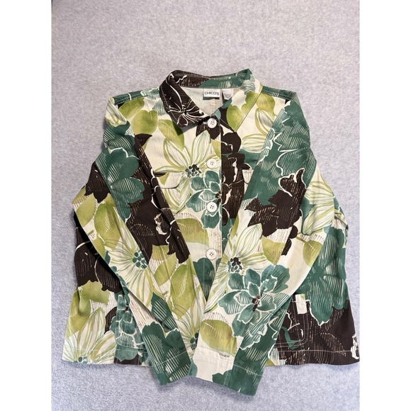 Women Chicos Size 3 Green Long Sleeves Down Bottom With Pockets Chore Jacket - Picture 5 of 15